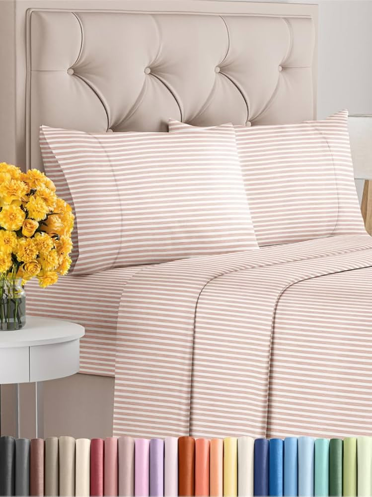 Full Size 4 Piece Sheet Set - Extra Soft, Breathable & Cooling - Hotel Luxury Durable Bed Sheets for Women & Men - Deep Pockets, Easy-Fit & Wrinkle-Free - Blush Stripes Oeko-Tex | Amazon (US)