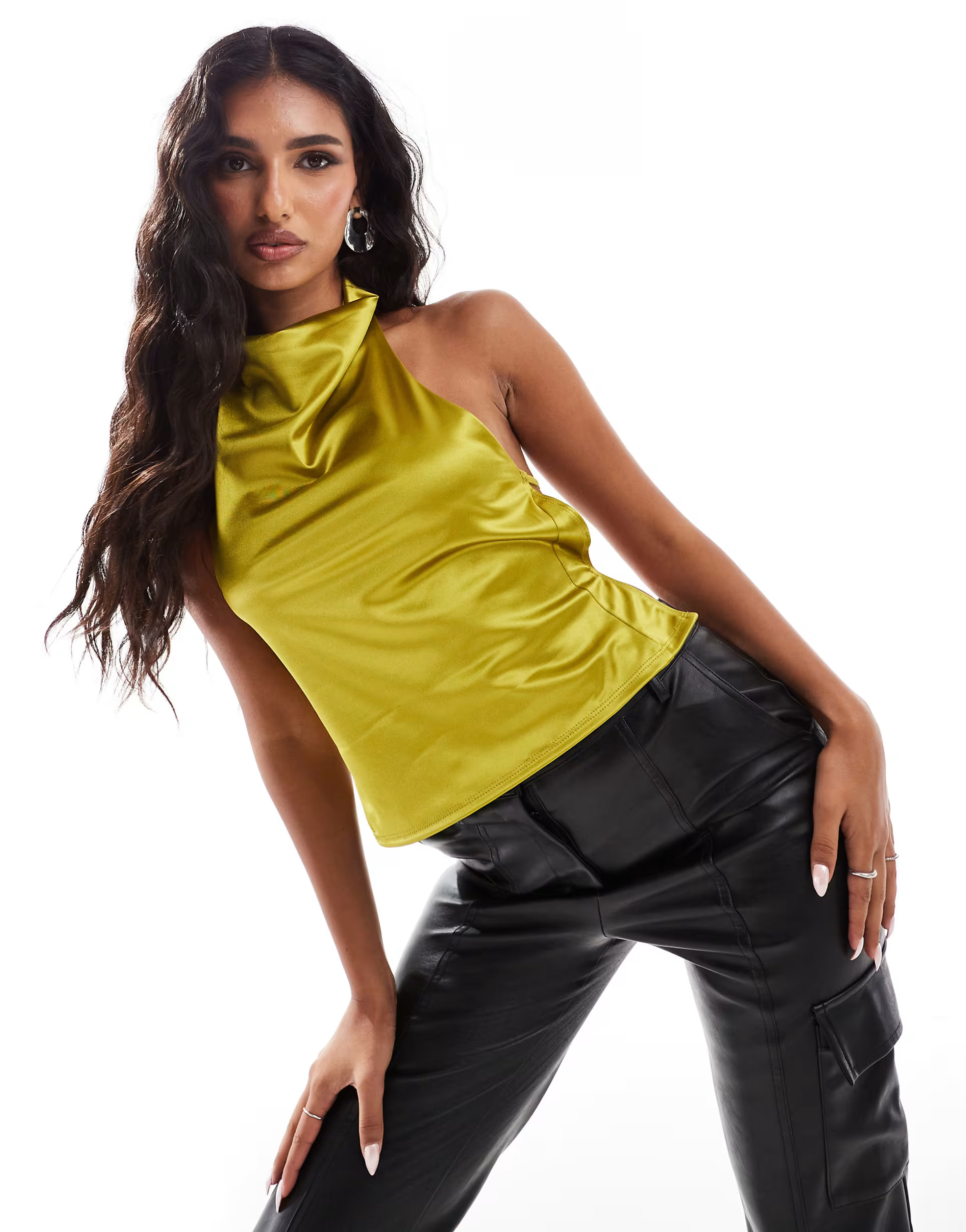 ASOS DESIGN stretch satin cowl halter neck open back top in lime | ASOS | ASOS (Global)