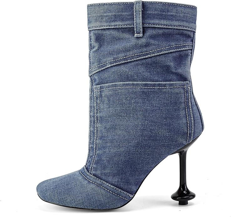 Vintage Denim Stiletto High Heeled Cowboy Pockets Boots for Women, Mid Wide Calf Round Toe with M... | Amazon (US)