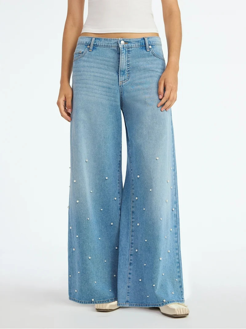 Scoop Women's and Women’s Plus Wide Leg Jeans with Faux Pearl Accents, Sizes 0-26W | Walmart (US)