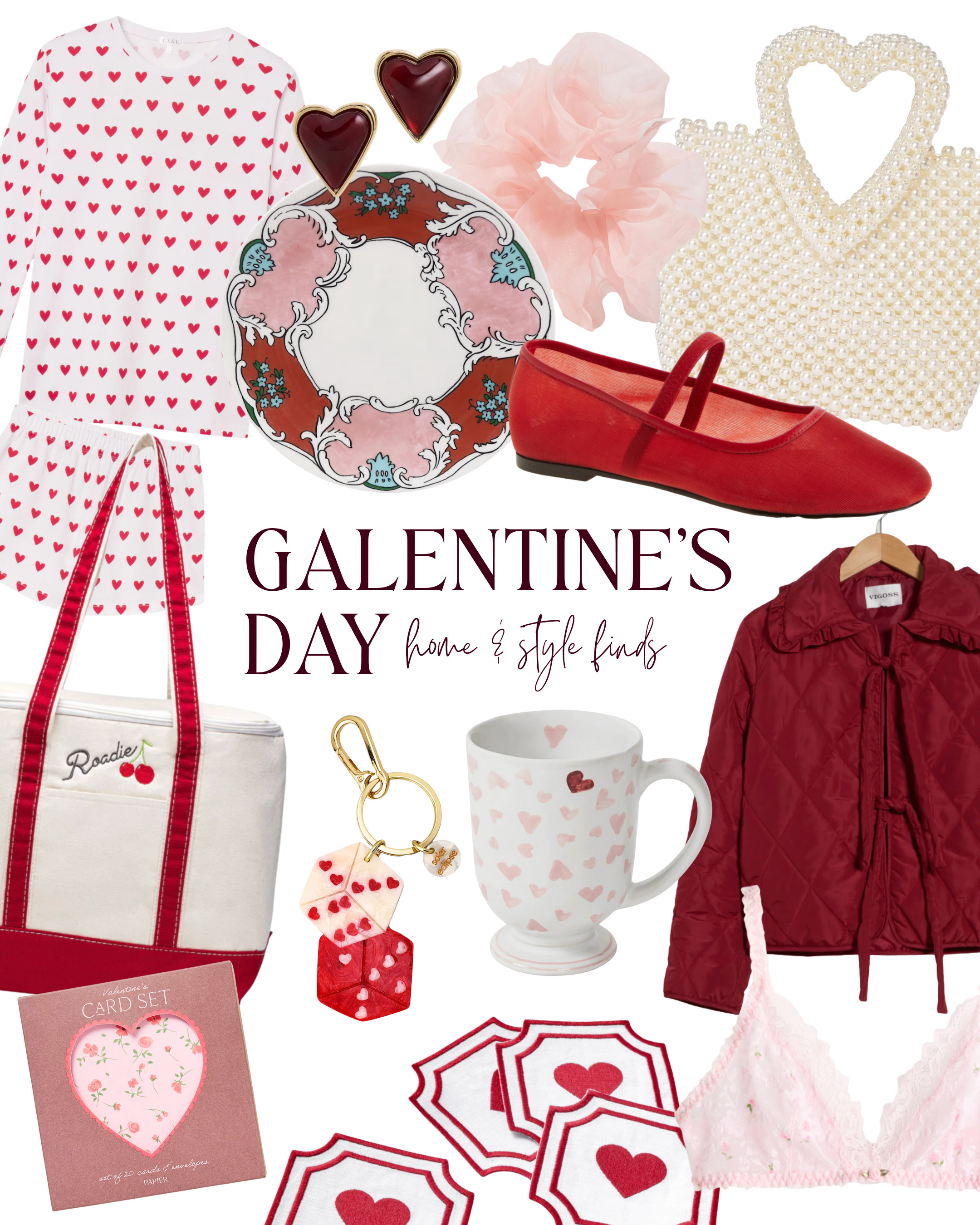 Galentine’s Day home and sale finds 

[Tuckernuckk, Cherries Roadie Cooler, canvas tote bag, Roxanne Assoulin, heart statement necklace, Gold tone brass chain necklace and heart pendant, mini puffy heart, salad plate, Molly Hatch, 18th century European Fine China, red Suede Verona Ballet Flats, Larroude, Madewell, Red Cosme Mary Jane Flat, Vigoss, Quilted Tie Front Jacket, Valentine's Day Notecards, Lake pajamas, Pima Crew Long-Short Set in Classic Red Heart, Juliska, Love You More Footed Mug, Sugar Cloud XL Scrunchie, Mane, target fashion, Pearl Heart Beaded Mini Tote Handbag, Lucky Dice Bag Charm + Keychain, Crimson Red Heart Bezel Stone Stud Earrings, Valentine's Day Bow Garland, Heart Coasters]  

 #LTKValentine #LTKSeasonal