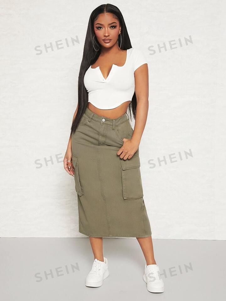 SHEIN SXY High Waist Flap Pocket Denim Skirt | SHEIN