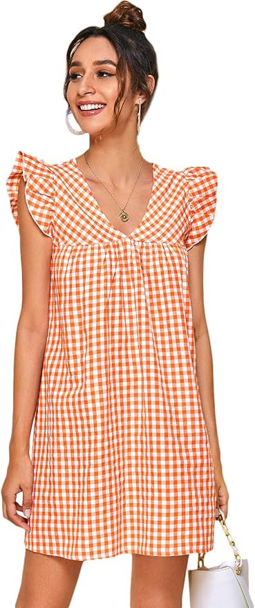 Romwe Women's V Neck Striped Floral Ruffle Embroidery Summer Boho Dress Top | Amazon (US)