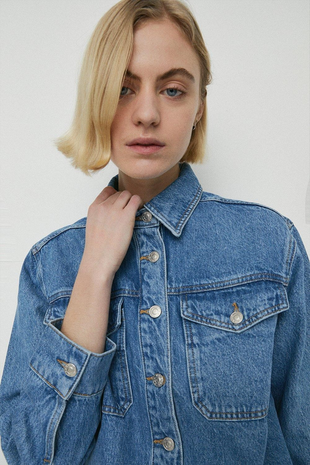 Petite Denim Oversized Pocket Front Shacket | Warehouse UK & IE