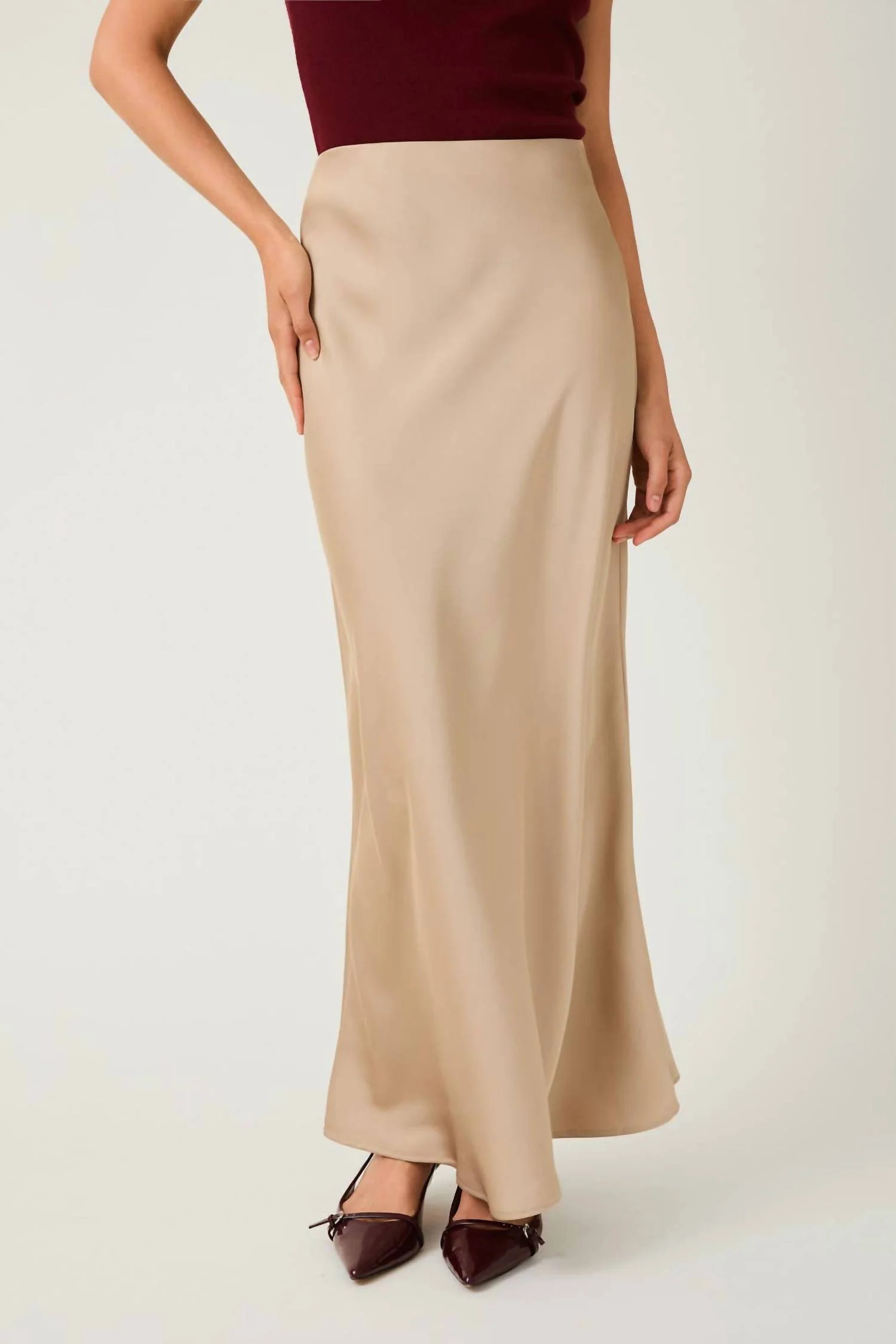 Bias Satin Maxi Skirt In Tan | Shop Simon