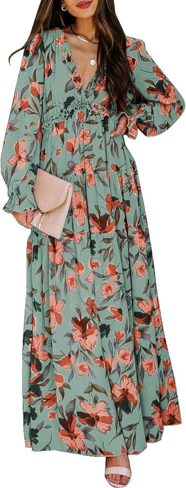 BLENCOT Women's Casual Boho Floral Printed Deep V Neck Loose Long Sleeve Long Evening Dress Ruche... | Amazon (US)