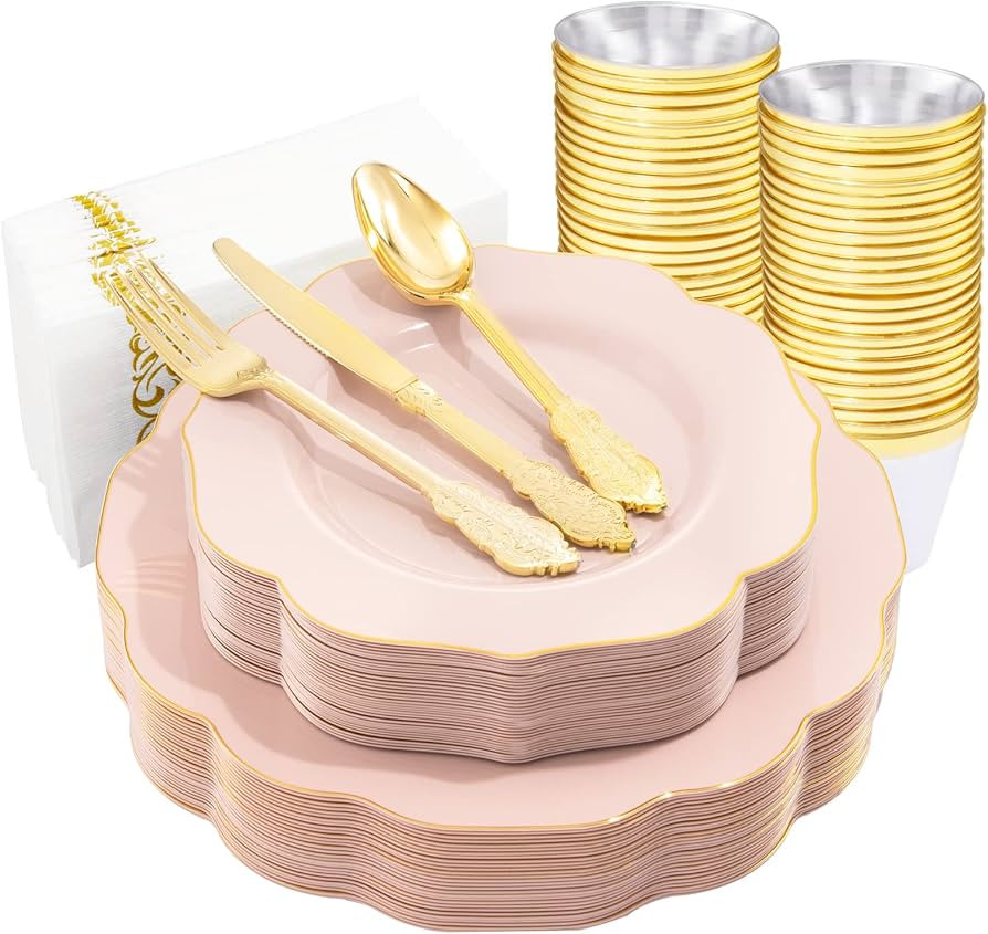 NOCCUR 175PCS Pink Plastic Plates - Pink Plates with Gold Disposable Silverware - Include 50 Plat... | Amazon (US)