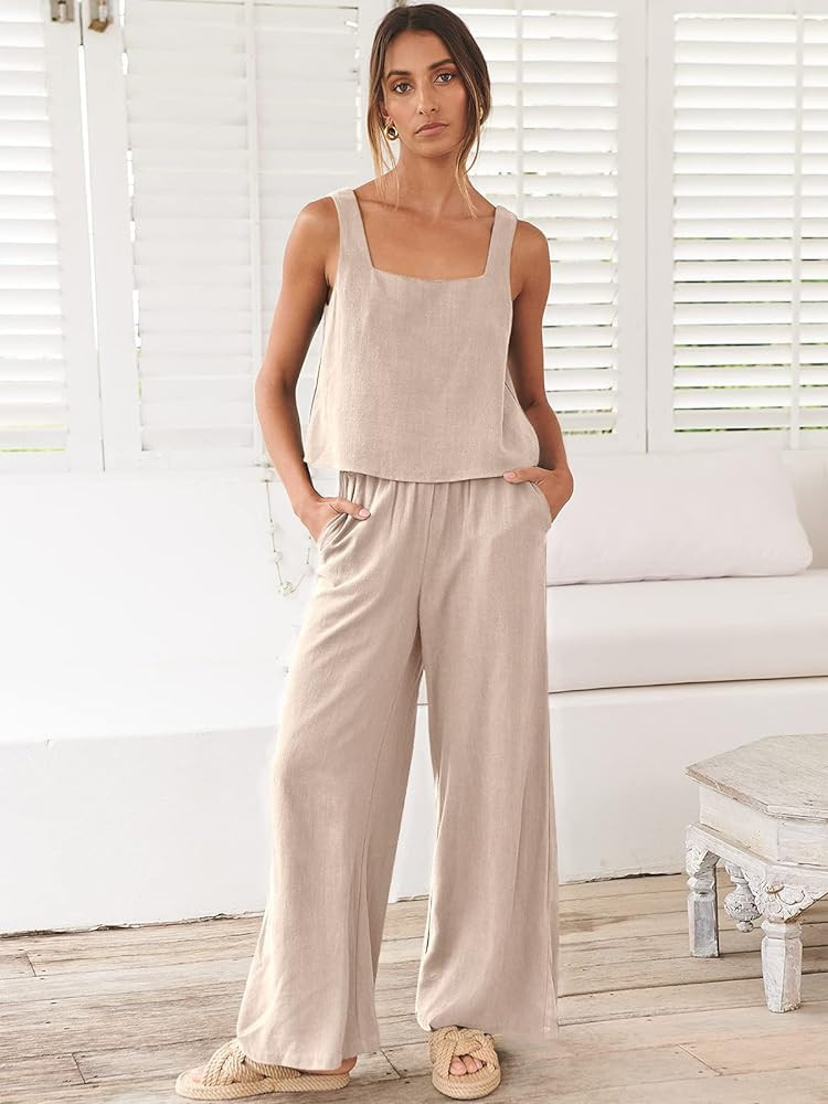ANRABESS Women's 2 Piece Outfits Square Neck Linen Tank Crop Top Wide Leg Pants Matching Lounge Set  | Amazon (US)