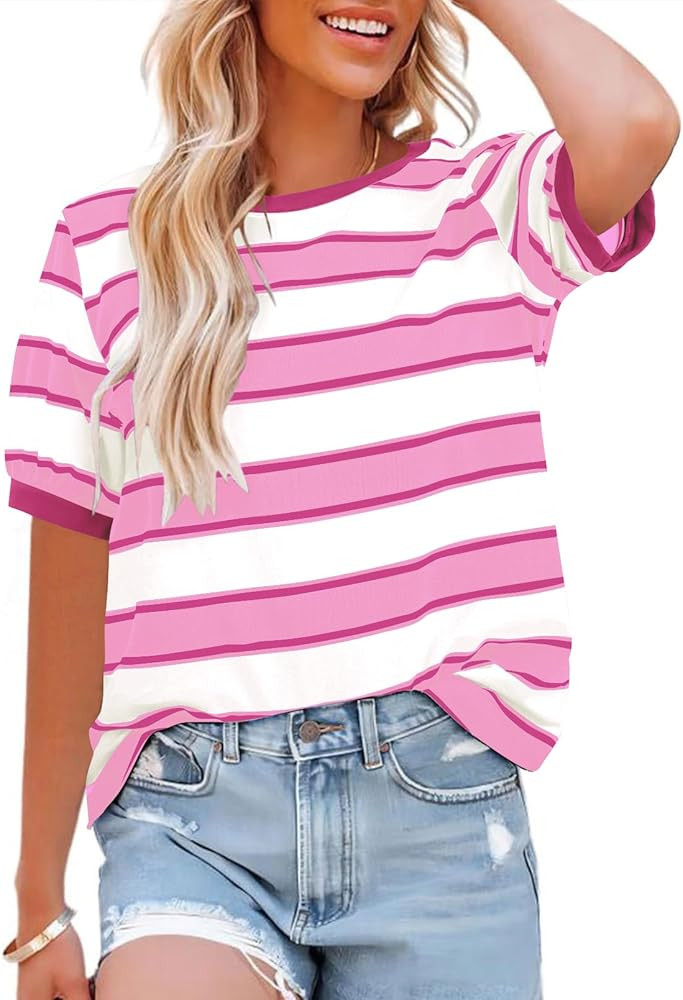 Womens Tops Cotton Casual Color Block Striped Short Sleeve Shirts Crewneck T Shirts Loose Basic T... | Amazon (US)