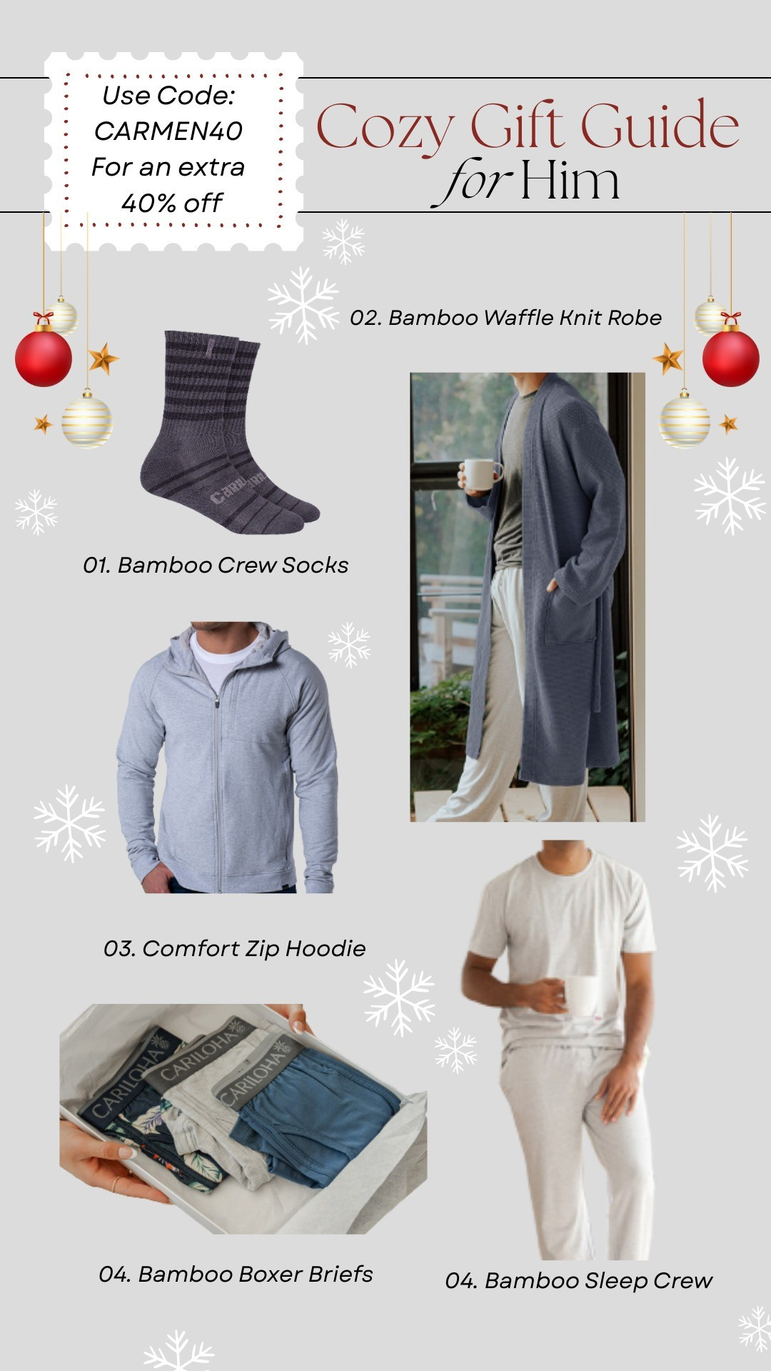 For the guy who has it all… get him something cozy he’ll love. @Cariloha has the perfect warm and comfy essentials for him this season. Each piece will feel elevated and I guarantee he won't just tuck away in a drawer.Take advantage of my code: CARMEN40. It will get you an extra 40% off sitewide.#ad #livecariloha Men's. Hoodie. men's Socks. pajamas. Robe. briefs. boxers. Cariloha. Gift Guide. Christmas gift idea. Present. Men. Him. Dad. Brother.  

#LTKGiftGuide #LTKHoliday #LTKMens