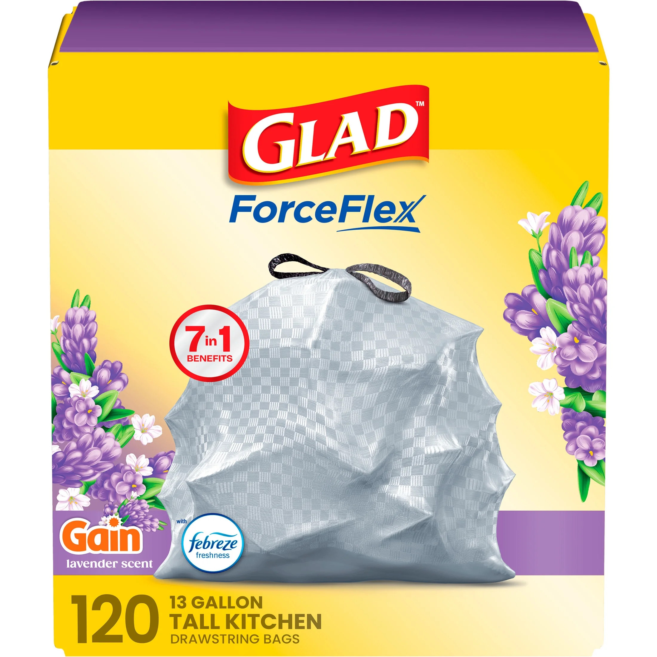 Glad ForceFlex Tall Kitchen Drawstring Trash Bags, 13 Gal, Gain Lavender, 120 Count | Walmart (US)