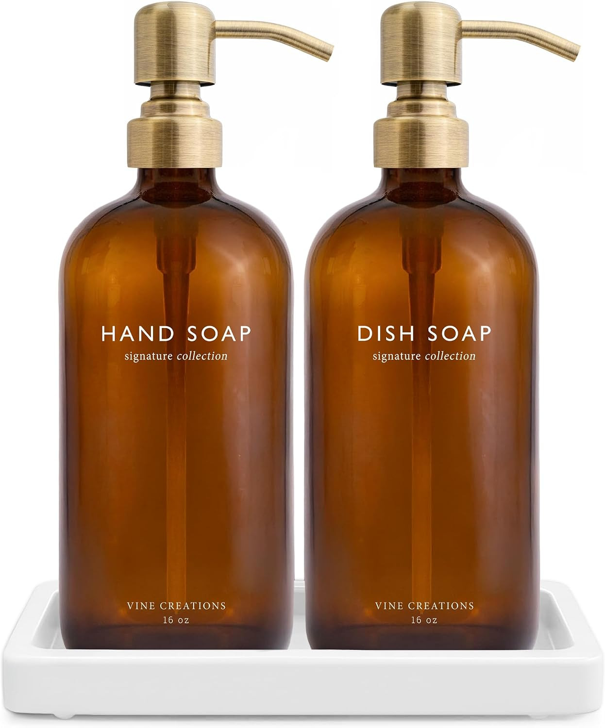 Vine Creations Amber Glass Soap Dispenser Set, Kitchen Soap Dispenser Set with Ceramic Tray, 16 oz Dish Soap and Hand Soap Dispensers with Stainless Steel Pump Decor (Amber Bottle/Brushed Brass) | Amazon (US)
