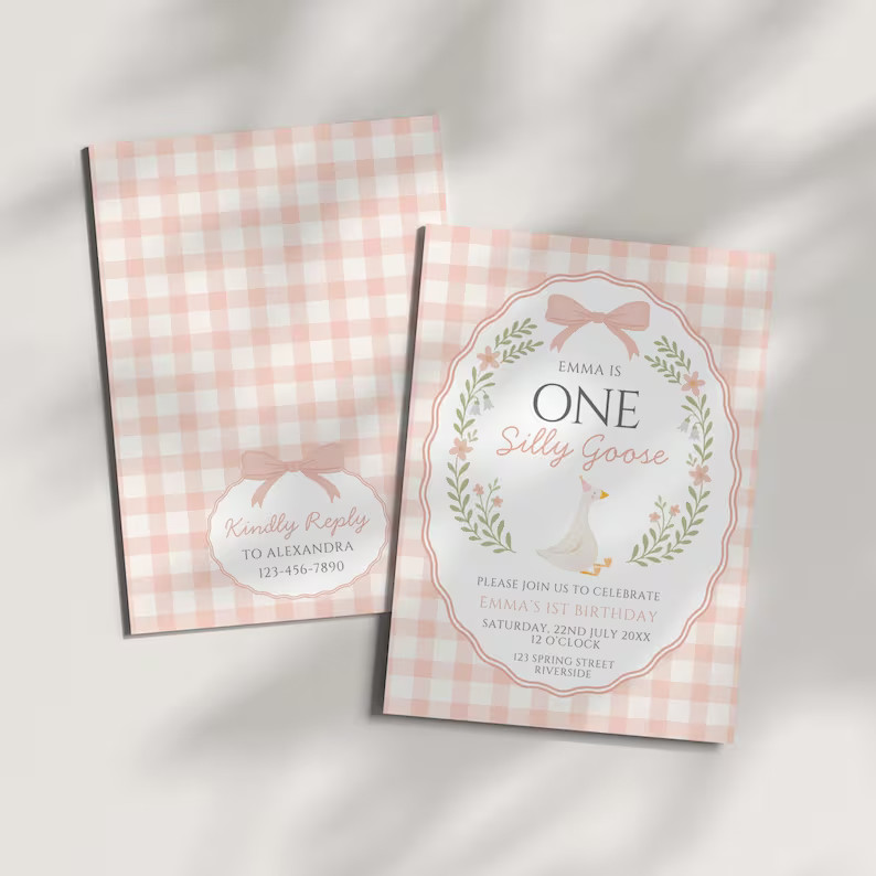 One Silly Goose First Birthday Invitation, Editable Template, Pink Gingham Goose Party Invite, Vi... | Etsy (US)