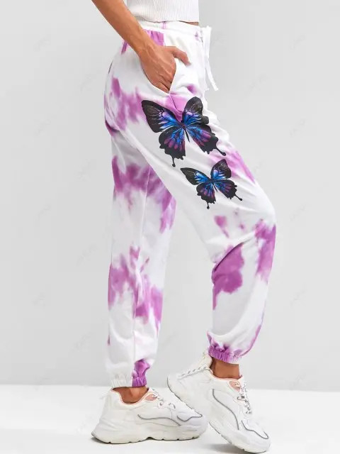 ZAFUL Butterflies Print Tie Dye Jogger Pants - Light Purple L | ZAFUL (Global)