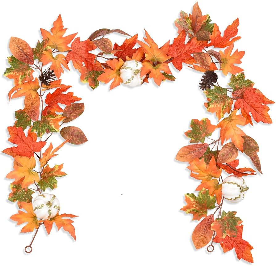 DearHouse 6ft Pumpkin Fall Maple Leaves Garland - Artificial Autumn Foliage Hanging Vine for Than... | Amazon (US)