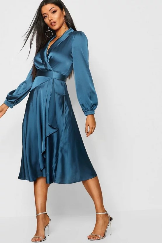 Satin Wrap Detail Midi Skater Dress | Boohoo.com (US & CA)