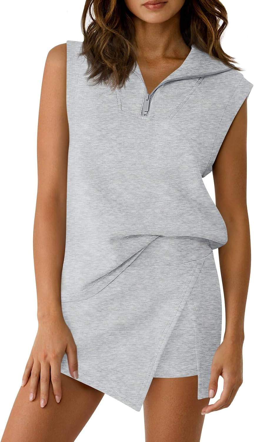 Fisoew Womens 2 Piece Skirt Sets Summer Sleeveless Half Zip Sweatshirt Athletic Skorts Tennis Outfits Casual Sweatsuits | Amazon (US)