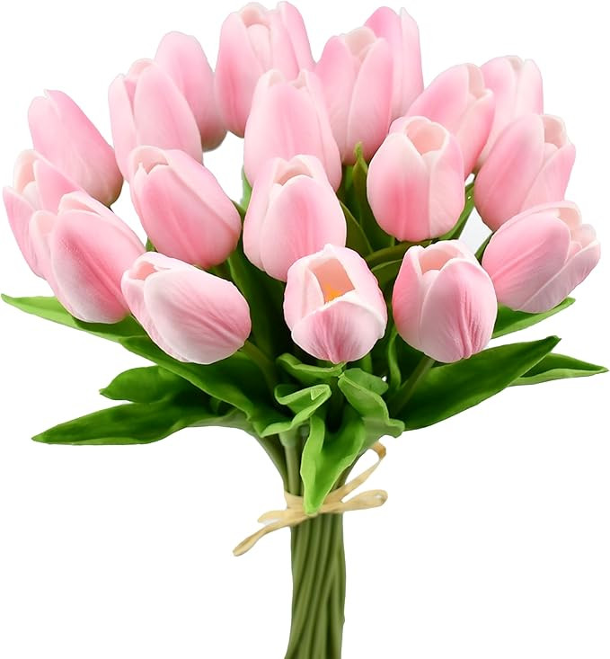 Mandy's Artificial Tulips 20 Stems Peach Pink PU Faux Flowers for Valentine's Day and Easter Deco... | Amazon (US)
