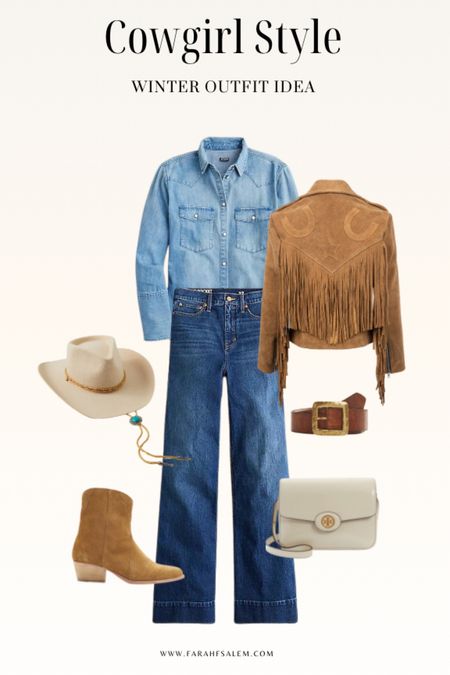 Western outfit inspiration
suede tassel jacket, Denim shirt, cowboy hat, camel cowboy boots

#LTKSeasonal