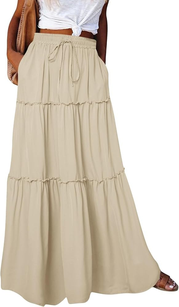 Pleated Maxi Skirts for Women Trendy Tiered Flowy Skirt Drawstring High Waisted Long Skirt A Line... | Amazon (US)