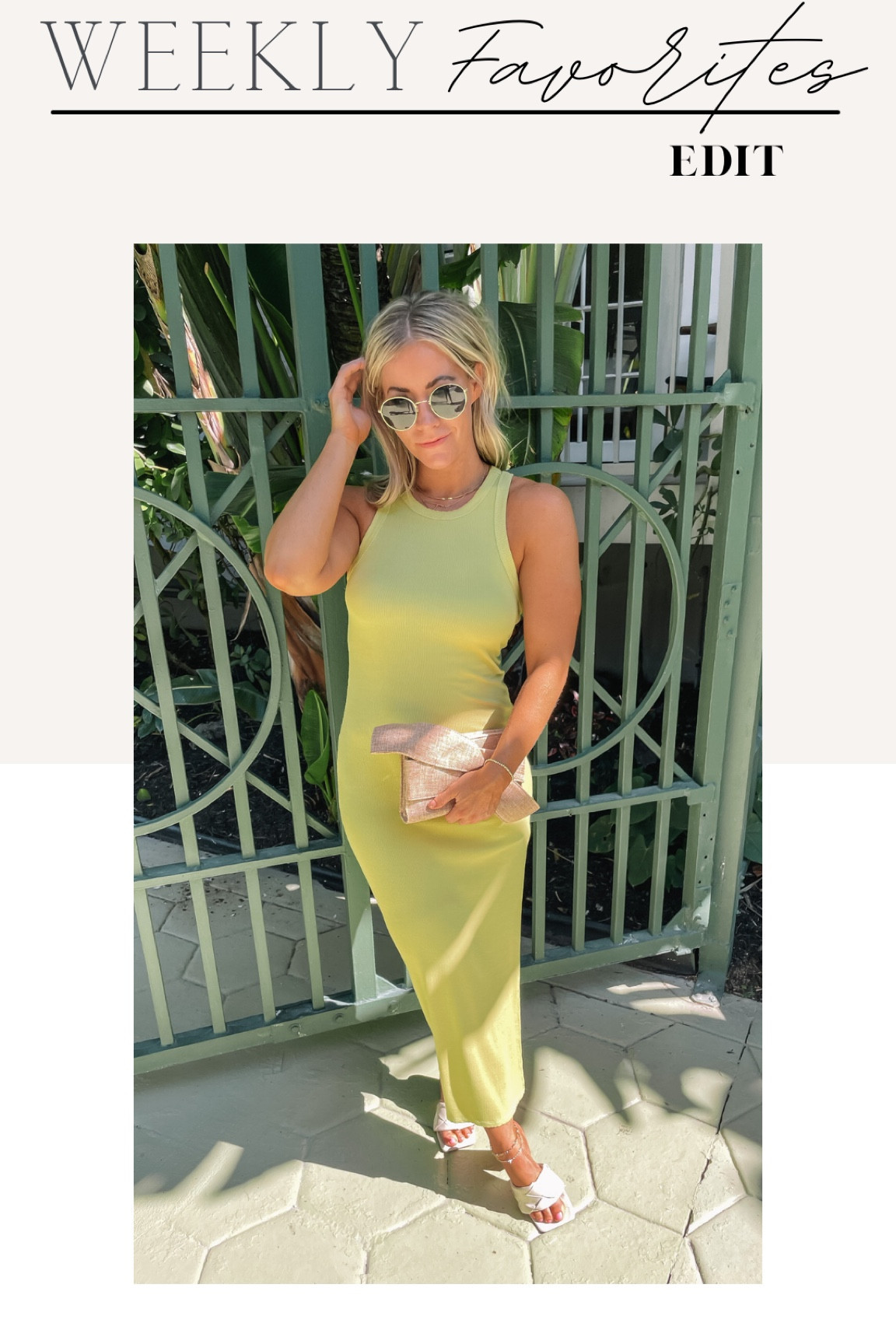 Lime green ribbed body con midi dress, stackable gold chain necklaces, gold monogram necklace, round gold rimmed sunglasses, white mule sandals, resort wear, vacation look, weekly favorites 

#LTKunder100 #LTKtravel #LTKU