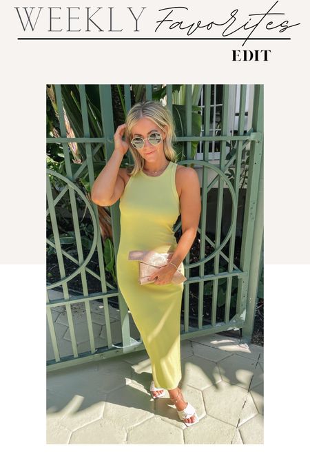 Lime green ribbed body con midi dress, stackable gold chain necklaces, gold monogram necklace, round gold rimmed sunglasses, white mule sandals, resort wear, vacation look, weekly favorites 

#LTKtravel #LTKunder100 #LTKU