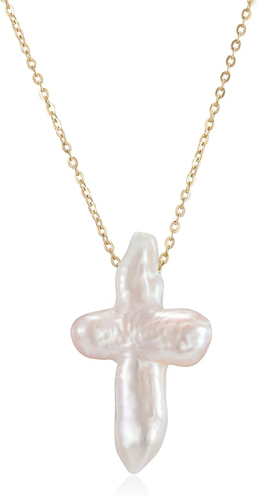 White Pearl Cross Necklace. Pearl Cross Necklace. Freshwater Pearl Cross Pendant. Everyday Minima... | Amazon (US)