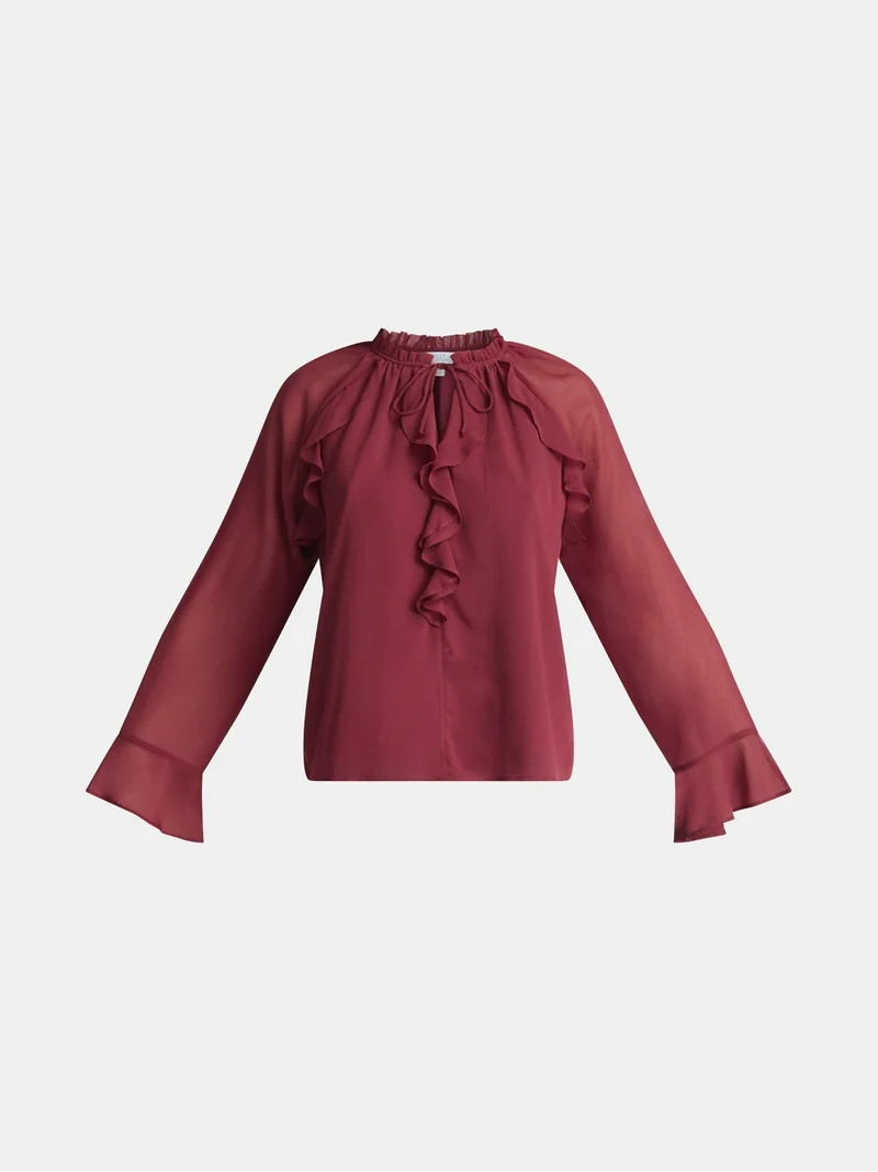 Time and Tru Women's Ruffle Blouse with Long Sleeves, Sizes XS-XXXL | Walmart (US)