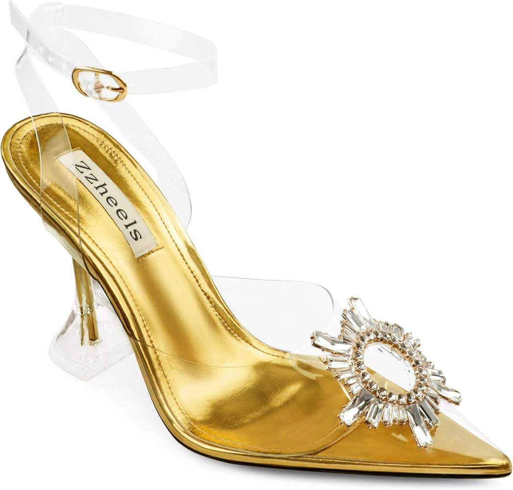 Zzheels Women's High Heel Crystal Slingback Pumps Pointed Toe Strappy Sandals for Party Dating | Amazon (US)
