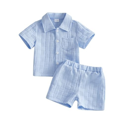 Thorn Tree Toddler Boy Outfit Button Down Shirt Short Sleeve Tops Elastic Waist Shorts Solid Baby Clothes Summer Outfits (SKY BLUE, 12-18M) | Amazon (US)