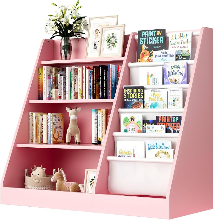 Pink 4-Tier Kids Wooden Bookshelf,5 Layer Sling Bookcase,Baby Storage Book Rack,Kids Book Toy Org... | Amazon (US)