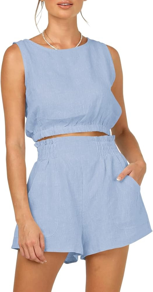 Amazon.com: Eurivicy Women's 2 Piece Outfits Sleeveless Crop Tank Top and High Waist Pocketed Sho... | Amazon (US)