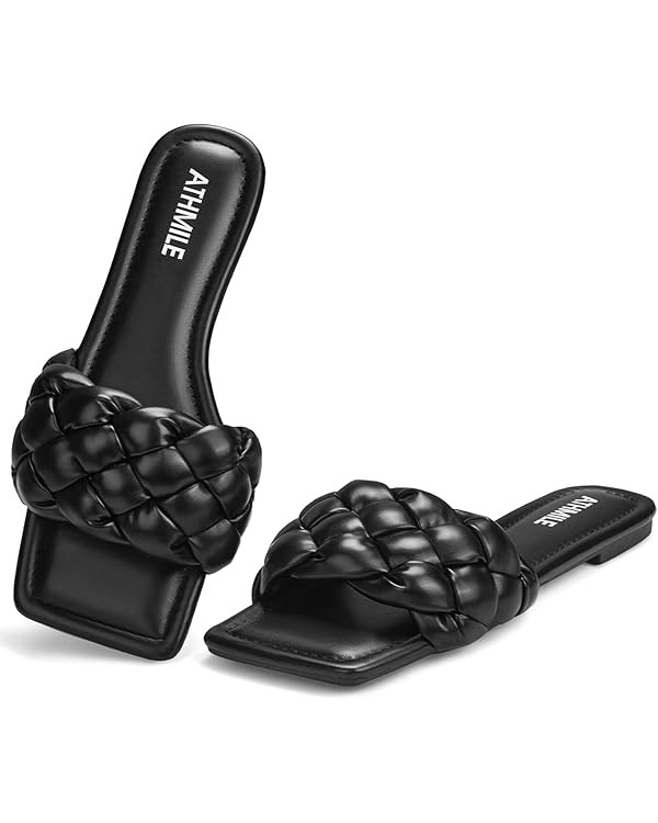 ATHMILE Braided Womens Sandals Square Open Toe Fashion Slide Sandals Women Dressy Summer Flat Bea... | Amazon (US)