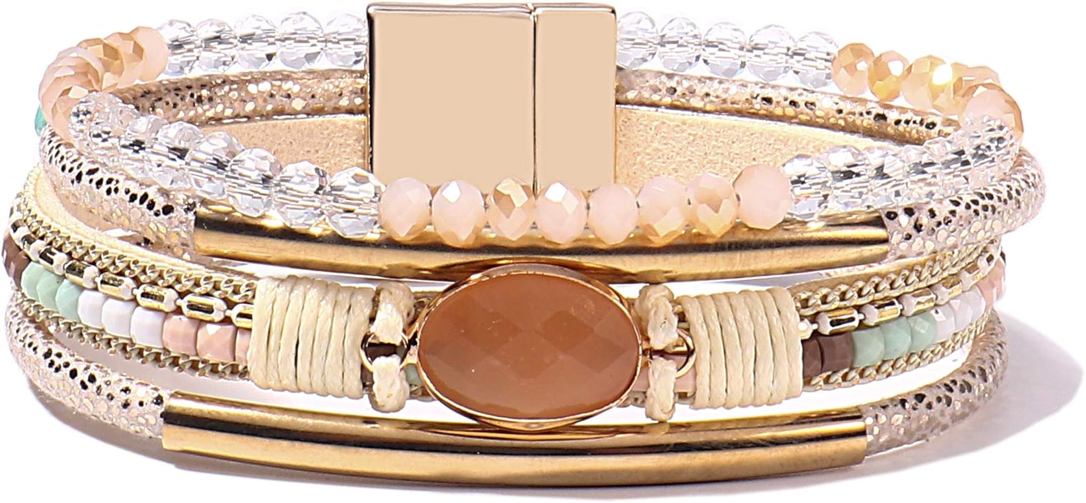 FANCY SHINY Leather Wrap Bracelets Crystal Beads Bracelet Boho Cuff Stone Charm Bracelets with Ma... | Amazon (US)