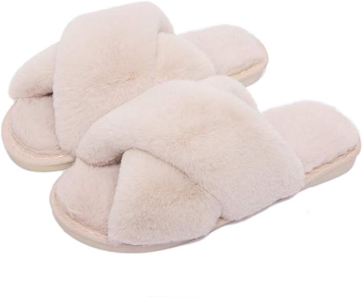 Women's Cross Band Slippers Soft Plush Furry Cozy Faux Fur House Slippers Open Toe Indoor Outdoor | Amazon (US)