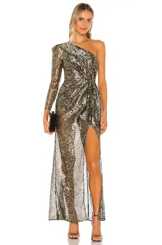 Camila Coelho Danitza Gown in Gold and Black from Revolve.com | Revolve Clothing (Global)