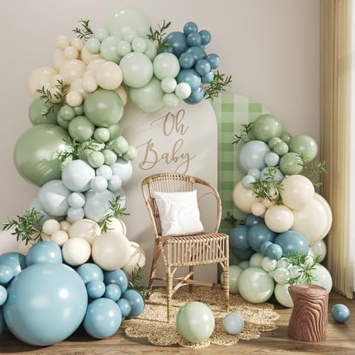 Dusty Blue Sage Green Balloon Arch Kit, 124Pcs Fog Blue Light blue Green Sand White Balloons Different Size for Baby Shower Bridal Shower Anniversary Birthday Party Decorations | Amazon (US)