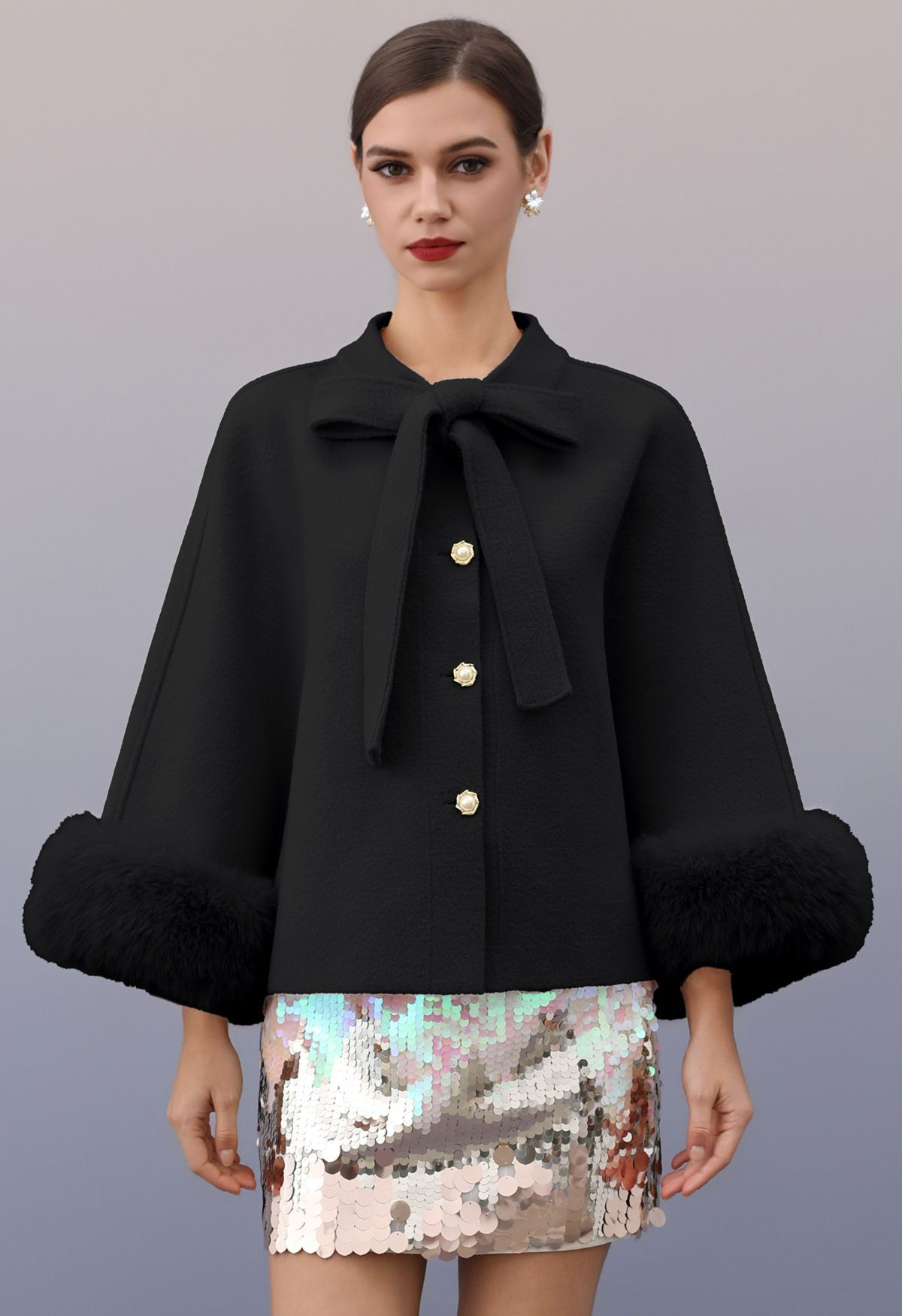 Faux Fur Cuffs Bow-Tie Button Knit Cape Coat in Black | Chicwish