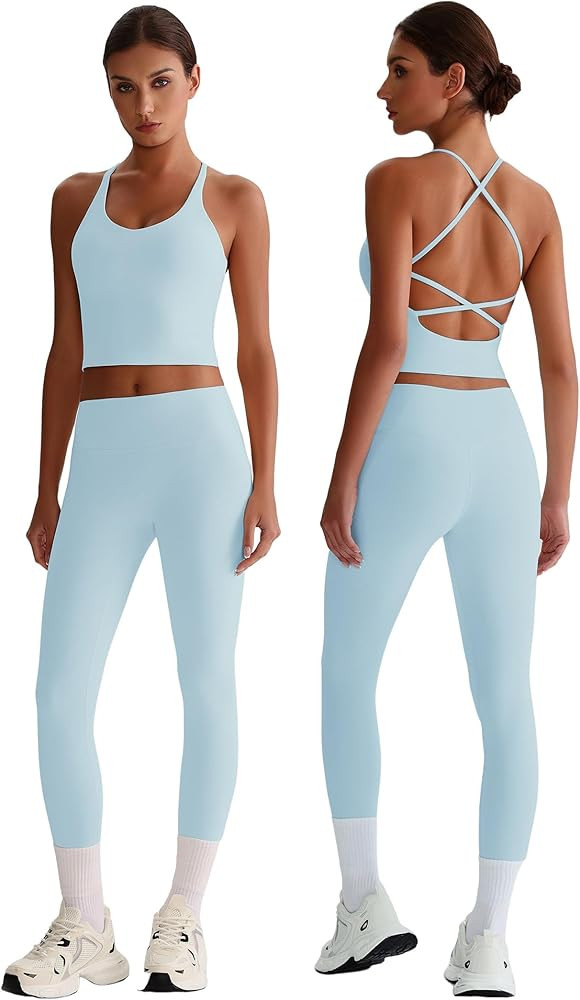 ABOCIW Workout Sets for Women 2 Piece Backless Strappy Padded Tank Tops High Waist Leggings Gym Y... | Amazon (US)