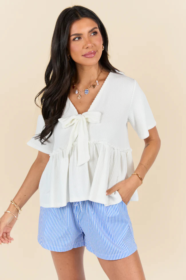 Basic Notion Ivory Ribbed Knit Tie Front Tee | Pink Lily