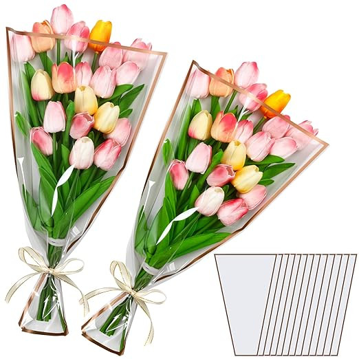 Jansun 40Pcs Flower Bouquet Wrapping Paper with Ribbon, White Flower Sleeves for Bouquets Plastic... | Amazon (US)