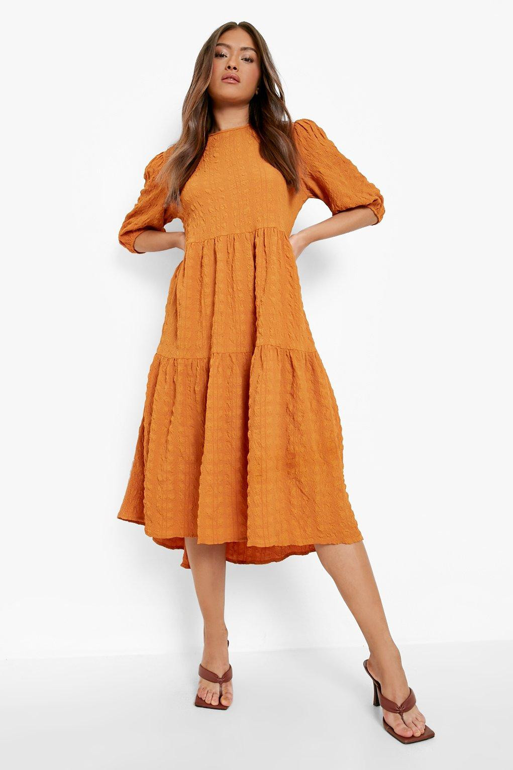 Womens Textured Puff Sleeve Tiered Midi Dress - Yellow - 12 | Boohoo.com (US & CA)