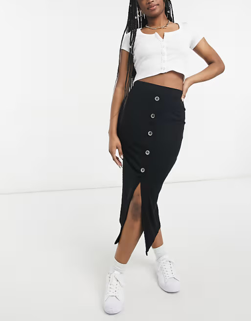 ASOS DESIGN - Jupe côtelée mi-longue avec boutons en corne - Noir | ASOS (Global)