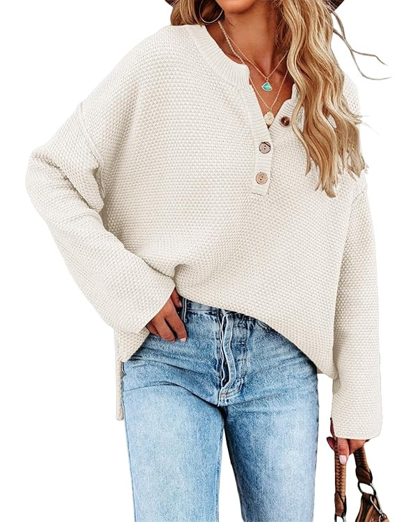 Saodimallsu Women's Oversized Sweaters Batwing Long Sleeve Loose V Neck Button Henley Tops Pullov... | Amazon (US)