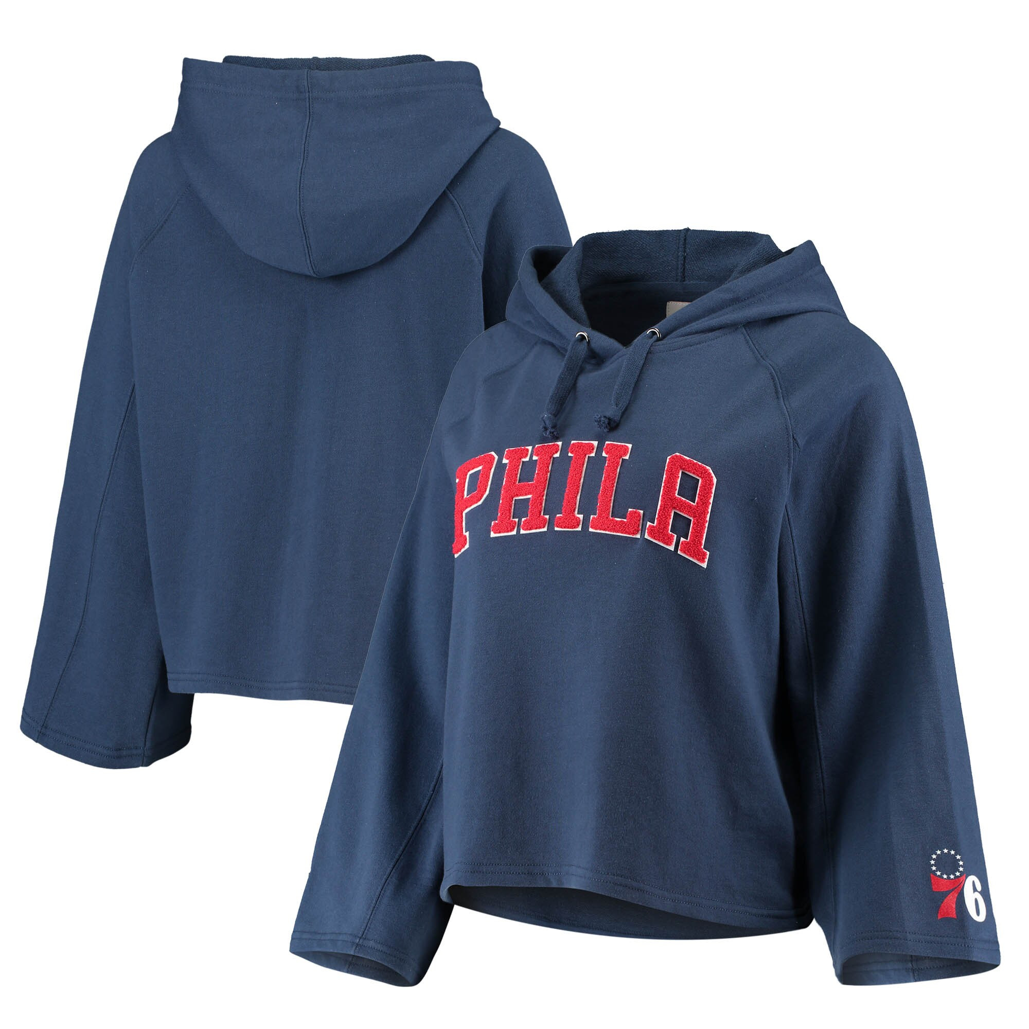Women's Philadelphia 76ers Sportiqe Navy Chenille Logo Bell Sleeve Cropped Pullover Hoodie | NBA Shop