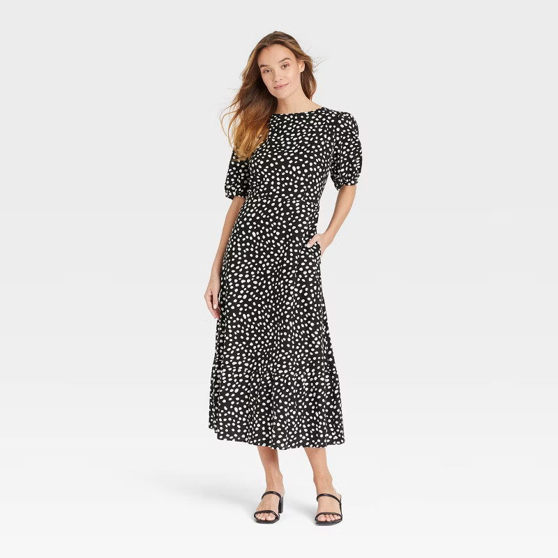 Women's Bishop Elbow Sleeve Tie-Back Dress - Who What Wear™ Black Polka Dots M | Target