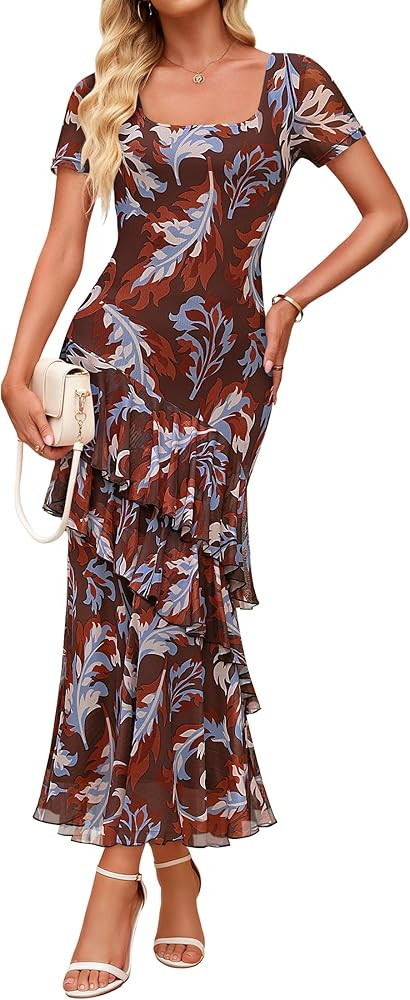 ZESICA Women's Summer Floral Bodycon Maxi Dress 2026 Square Neck Mesh Ruffle Elegant Cocktail Wed... | Amazon (US)