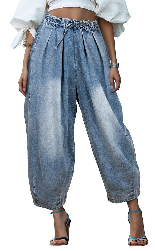 UQJE Women's Wide Leg Baggy Jeans Plus Size Loose Elastic Waist Denim Pants with Deep Pockets Lig... | Amazon (US)