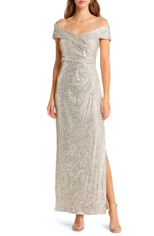 Vince Camuto Sequin Off the Shoulder Gown in Silver at Nordstrom, Size 2 | Nordstrom
