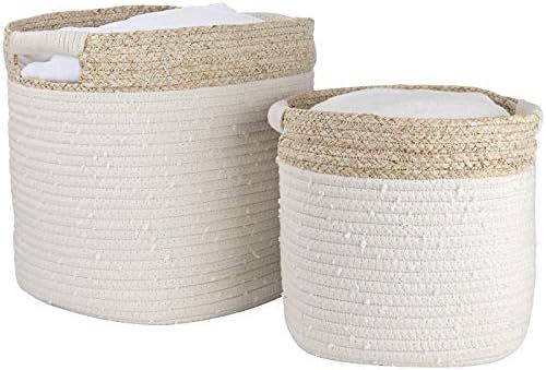 LA JOLIE MUSE Cotton Rope Storage Baskets with Corn Skin Set of 2, Laundry Basket Baby Toys Blank... | Amazon (US)